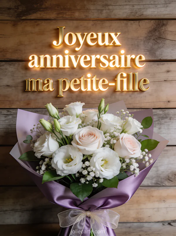 Bouquet de lisianthus blancs et roses avec gypsophile emballé en papier de soie mauve sur fond bois rustique et texte Joyeux anniversaire