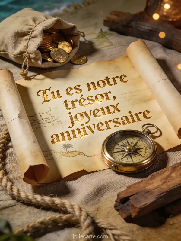 Carte au trésor ancienne dépliée avec boussole en laiton, pièces d'or et corde sur bois flotté