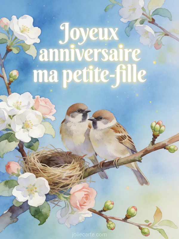 Couple de moineaux sur une branche de pommier en fleurs blanches et roses avec nid et bourgeons et texte Joyeux anniversaire