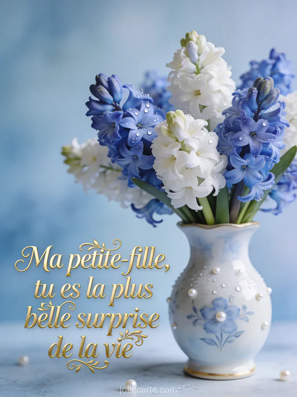 Bouquet de jacinthes bleues et blanches dans un vase en porcelaine peint à la main avec perles de rosée et texte anniversaire petite-fille