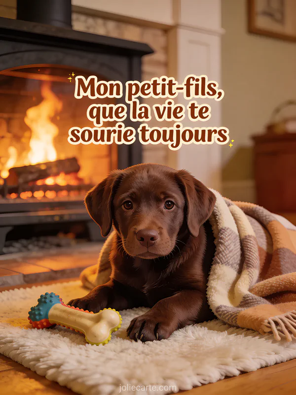 Chiot labrador chocolat au regard tendre couché sur tapis près de la cheminée avec plaid douillet