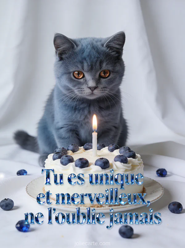 Chat chartreux gris bleu aux yeux cuivre devant gâteau d'anniversaire aux myrtilles avec bougie allumée