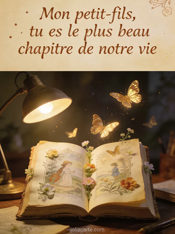 Livre de contes ouvert avec papillons dorés s'envolant des pages et fleurs pressées, lumière de lampe chaude