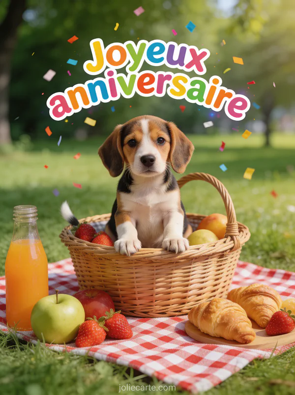 Chiot beagle tricolore dans panier de pique-nique en osier avec fruits et croissants sur nappe à carreaux dans parc
