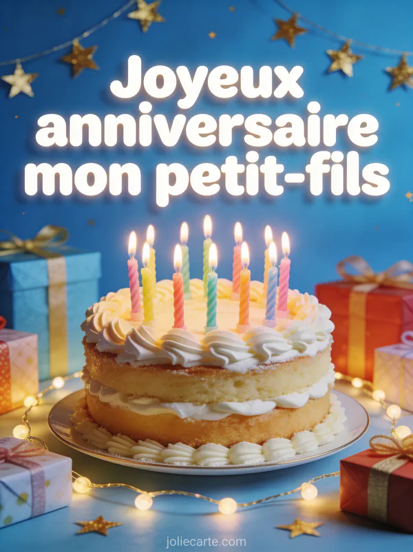 Magnifique gâteau d'anniversaire avec bougies colorées entouré de cadeaux emballés et le texte Joyeux anniversaire mon petit-fils