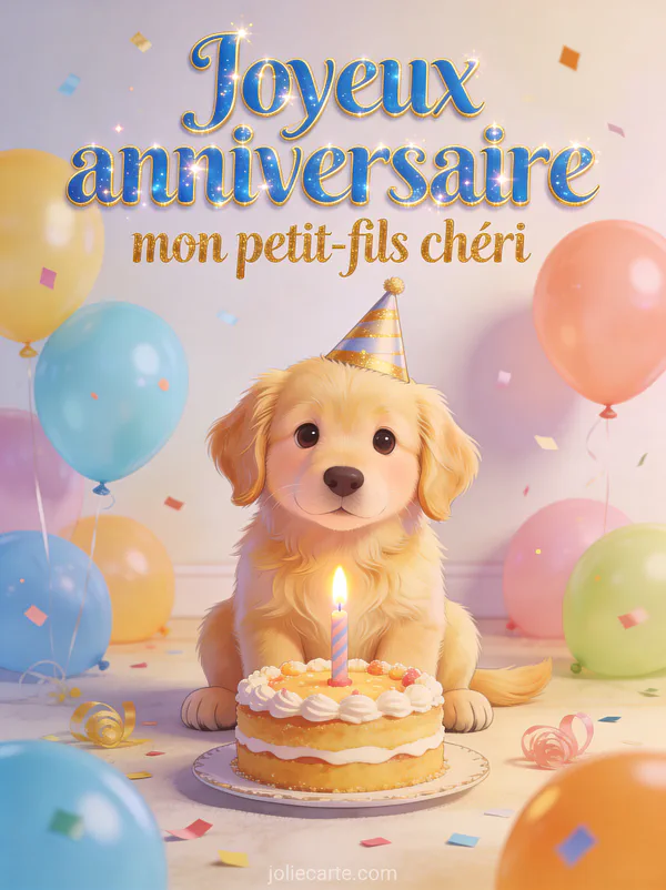 Chiot golden retriever adorable avec un chapeau de fête devant un gâteau d'anniversaire et le texte Joyeux anniversaire mon petit-fils chéri
