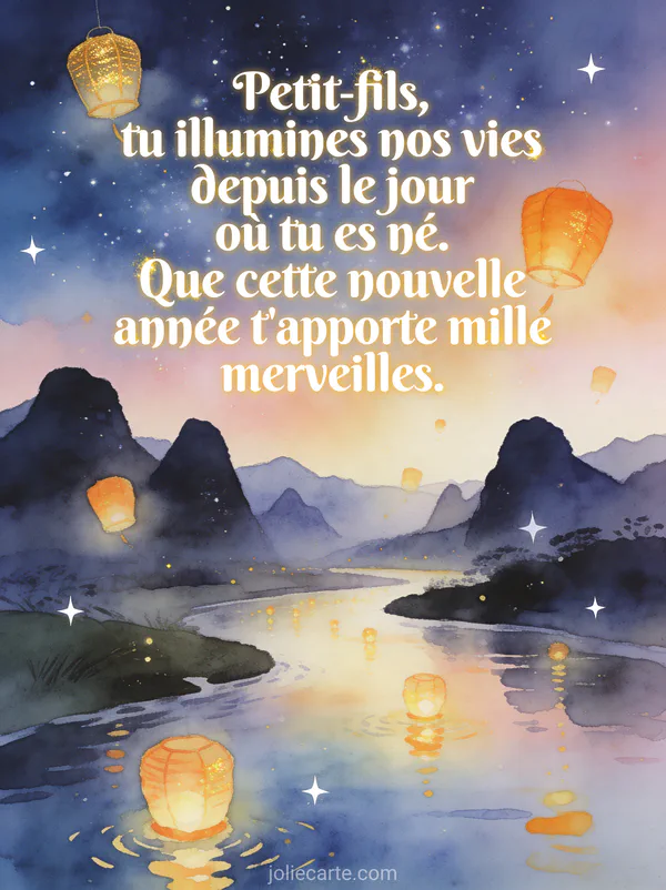 Ciel étoilé féerique avec lanternes volantes dorées au-dessus d'une rivière et le texte Petit-fils tu illumines nos vies depuis le jour où tu es né