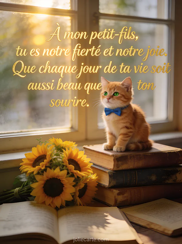 Chat roux avec nœud papillon bleu assis sur des livres anciens à côté de tournesols avec le texte À mon petit-fils tu es notre fierté et notre joie