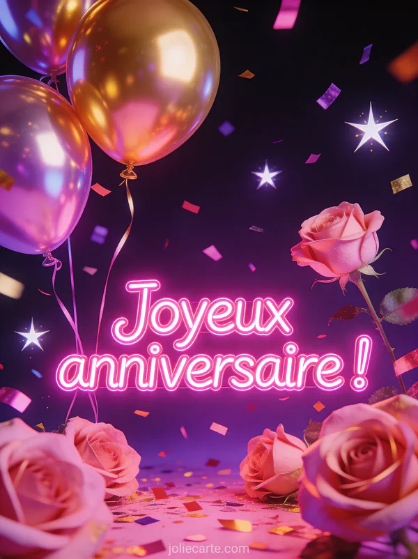 Texte Joyeux anniversaire en lettres néon rose sur fond violet avec ballons dorés et confettis lumineux