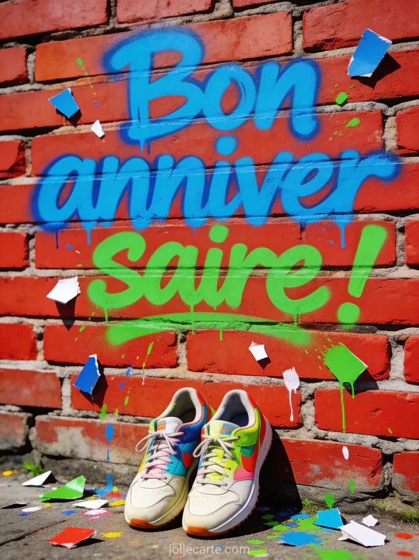 Texte Bon anniversaire en lettres graffiti colorées sur mur de briques avec sneakers et éclats de peinture