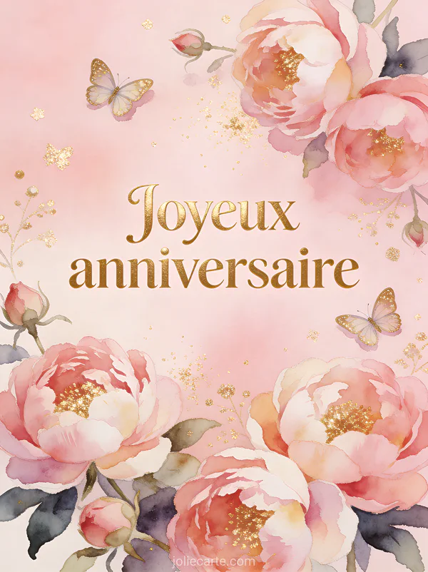 Texte Joyeux anniversaire en lettres dorées sur fond rose avec pivoines aquarelle et papillons délicats