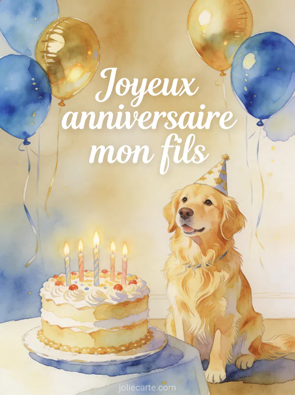 Chien golden retriever avec chapeau de fête devant un gâteau d'anniversaire et ballons bleus et dorés