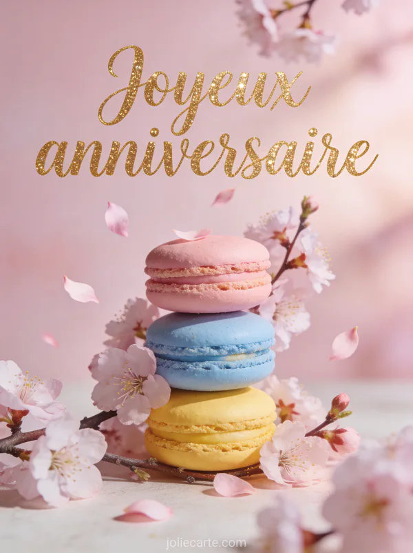 Texte Joyeux anniversaire en lettres dorées sur fond rose avec tour de macarons pastel et pétales de cerisier