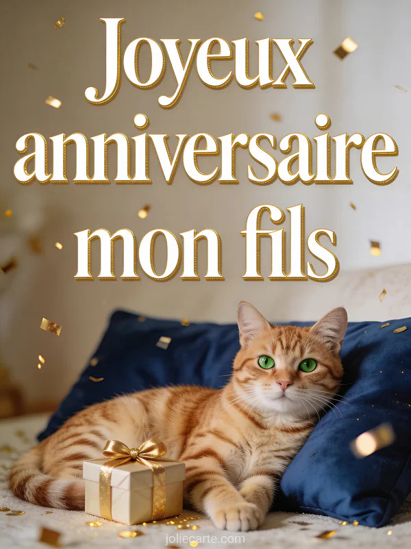 Chat tigré roux allongé sur un coussin bleu marine à côté d'un cadeau doré avec confettis