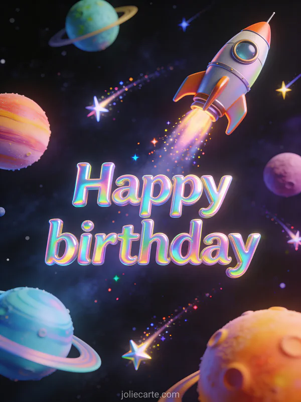 Texte Happy birthday en lettres holographiques sur fond étoilé avec fusée rétro planètes colorées et étoiles filantes