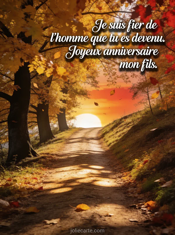 Chemin de campagne bordé d'arbres aux feuilles dorées d'automne menant vers un horizon lumineux