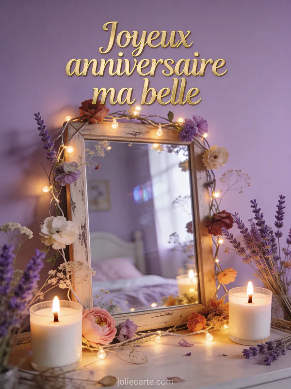 Texte Joyeux anniversaire ma belle en lettres dorées sur fond lavande avec miroir guirlandes lumineuses et fleurs séchées