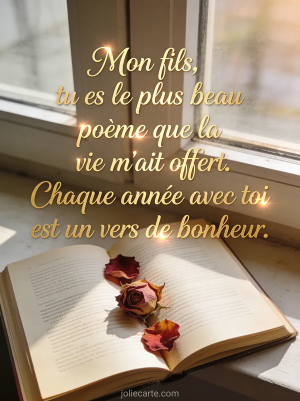 Livre ouvert avec pétales de rose séchées sur rebord de fenêtre baigné de lumière matinale