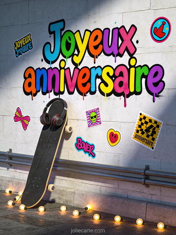 Texte Joyeux anniversaire en lettres 3D chromées avec ballons métalliques et confettis sur fond coucher de soleil