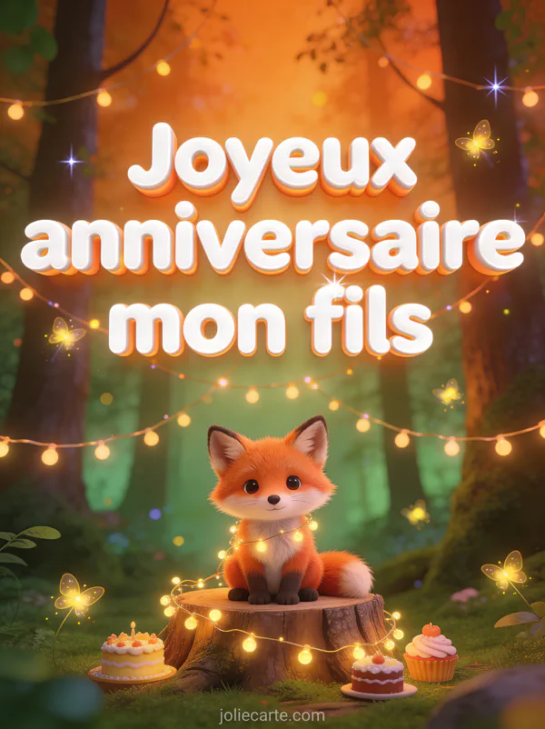 Illustration d'un renard roux sur une souche entouré de guirlandes lumineuses dans une forêt enchantée