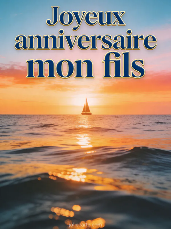 Lever de soleil sur la mer avec reflets dorés sur l'eau calme et silhouette de voilier au loin