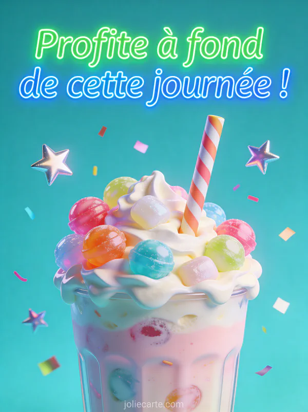Texte Profite à fond de cette journée en lettres néon avec milkshake géant bonbons colorés et confettis