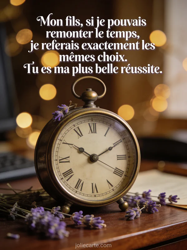 Horloge ancienne en laiton sur bureau en bois avec lavande séchée et lumière tamisée dorée