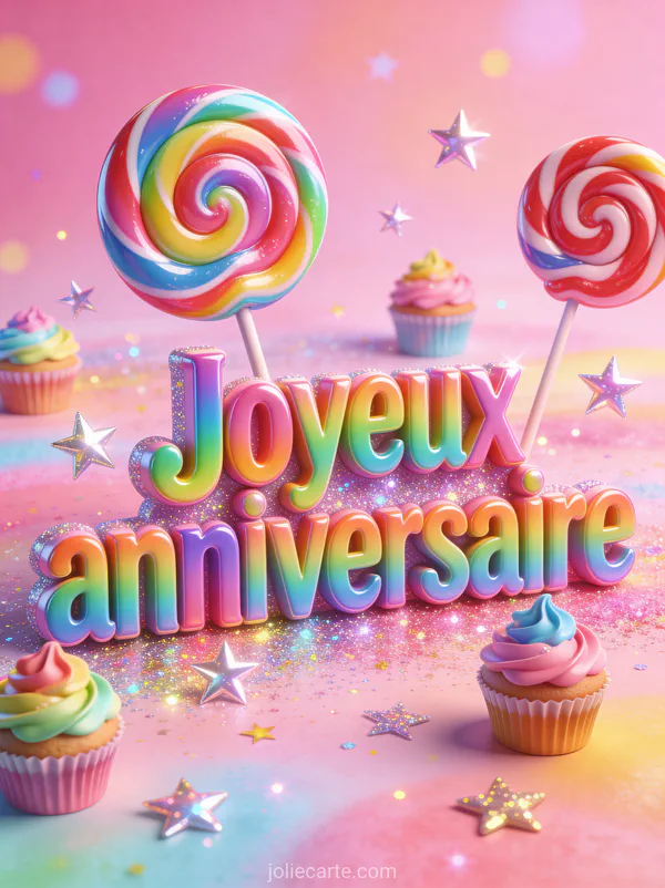 Texte Joyeux anniversaire en lettres arc-en-ciel avec sucettes géantes cupcakes colorés et paillettes sur fond rose