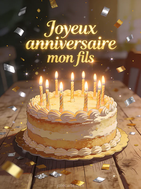 Magnifique gâteau d'anniversaire avec bougies allumées et confettis dorés avec le texte Joyeux anniversaire mon fils
