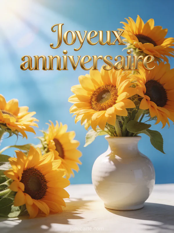 Texte Joyeux anniversaire en lettres dorées avec bouquet de tournesols dans vase blanc sur fond bleu ciel ensoleillé