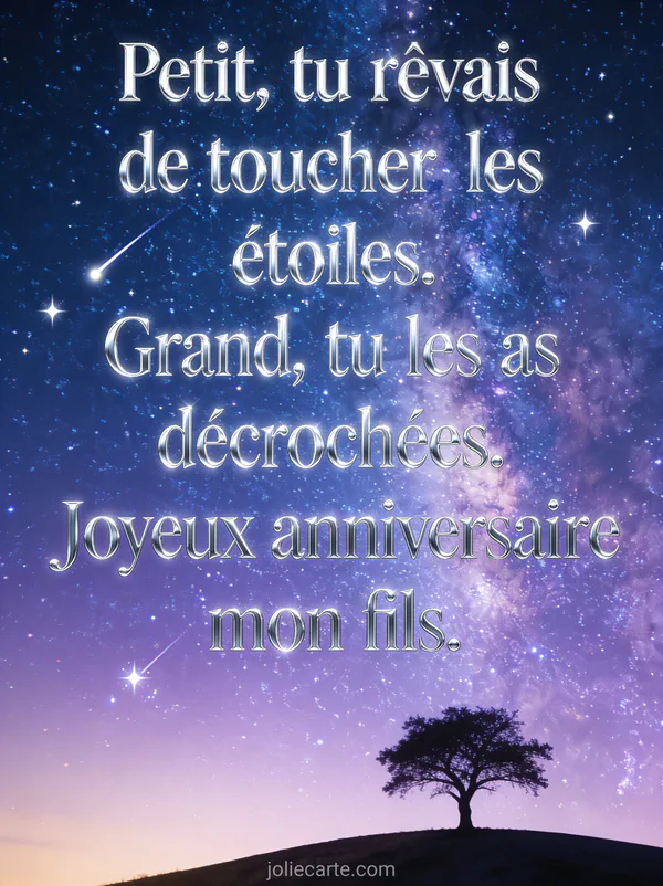 Ciel nocturne avec voie lactée et étoiles filantes au-dessus d'un arbre solitaire sur une colline