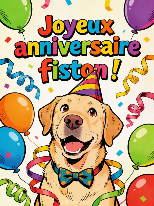 Illustration humoristique d'un chien labrador avec chapeau de fête et ballons colorés avec le texte Joyeux anniversaire fiston