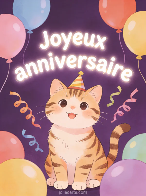 Chat tigré mignon avec chapeau de fête entouré de ballons colorés et texte Joyeux anniversaire sur fond violet