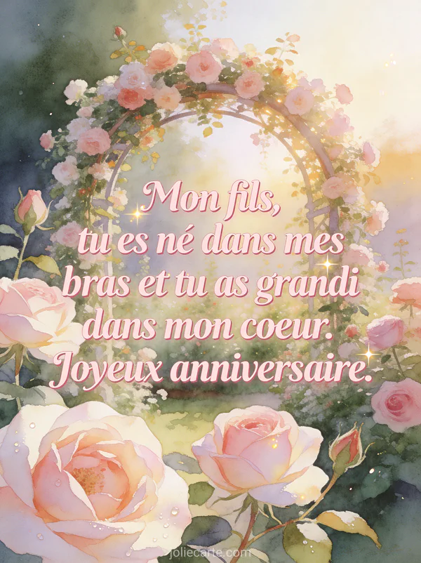 Jardin de roses anciennes rose et crème avec arche fleurie et rosée matinale style aquarelle