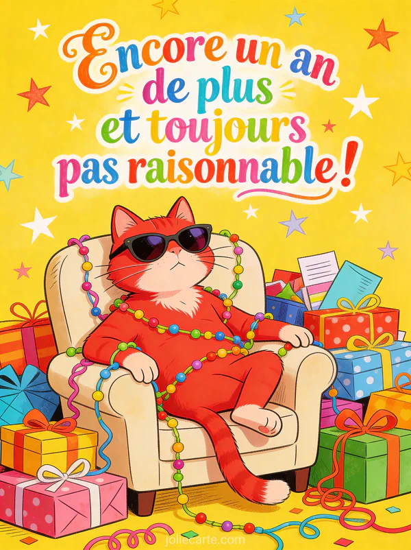 Illustration rigolote d'un chat roux avec lunettes de soleil entouré de cadeaux et guirlandes pour un anniversaire