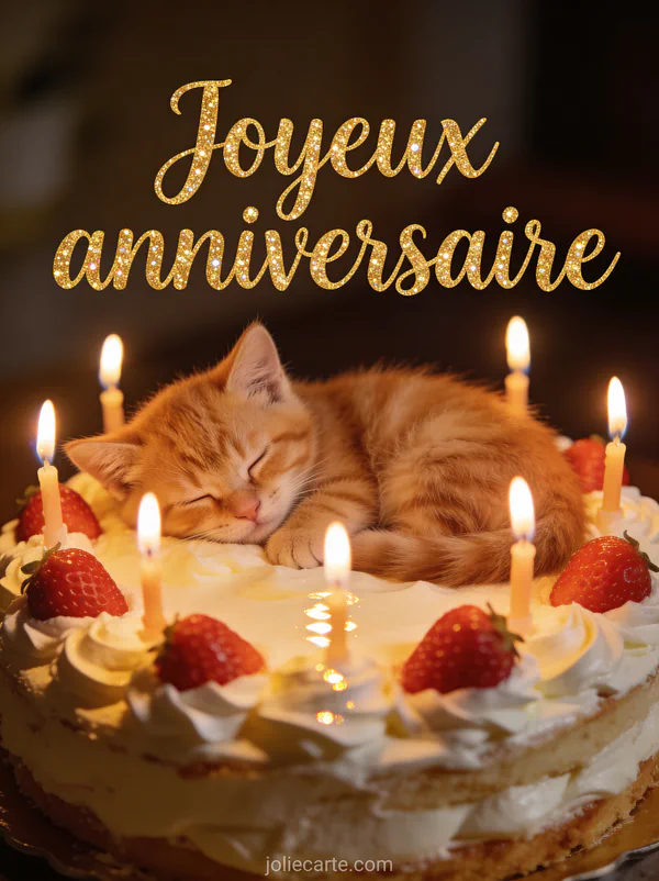 Chaton roux endormi sur un gâteau d'anniversaire décoré de fraises avec texte Joyeux anniversaire en lettres dorées