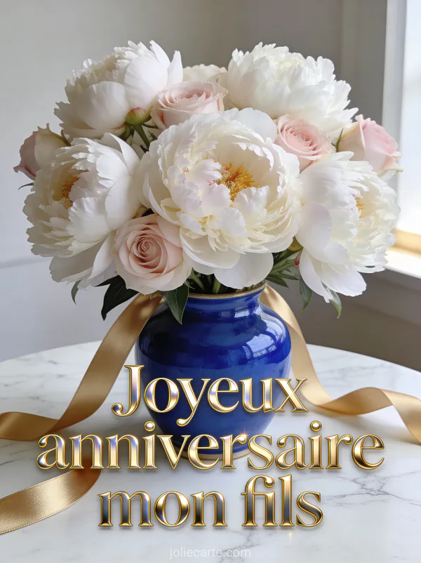 Bouquet luxueux de pivoines blanches et roses dans un vase bleu cobalt avec ruban doré