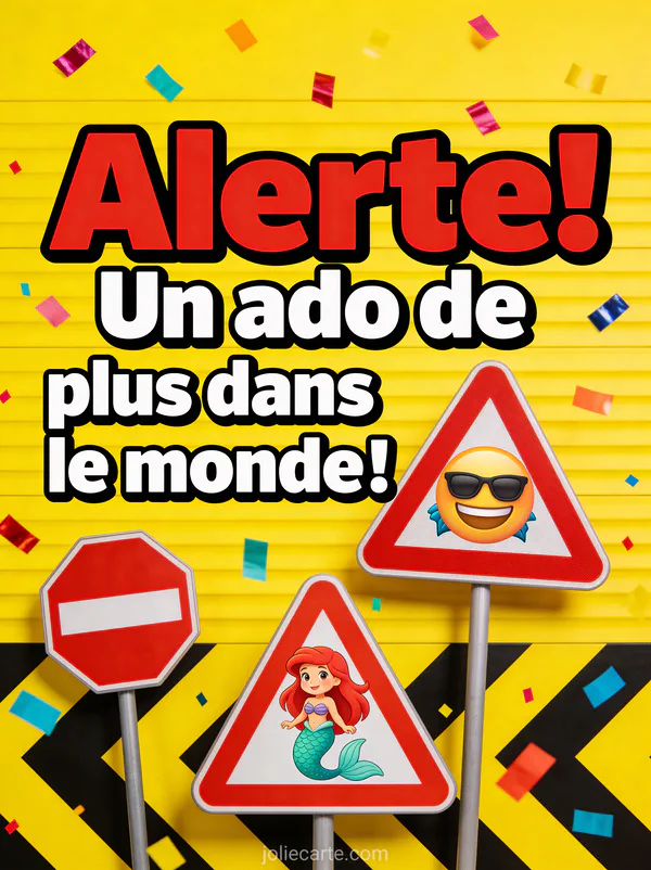Texte Alerte Un ado de plus en lettres bold rouges avec panneaux festifs détournés et confettis sur fond jaune