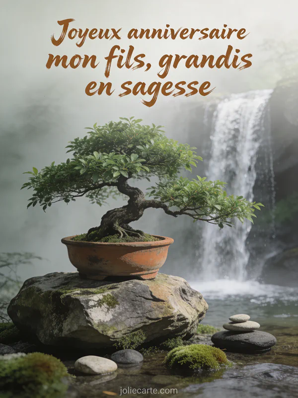 Bonsaï majestueux sur rocher avec cascade d'eau en arrière-plan dans une ambiance zen