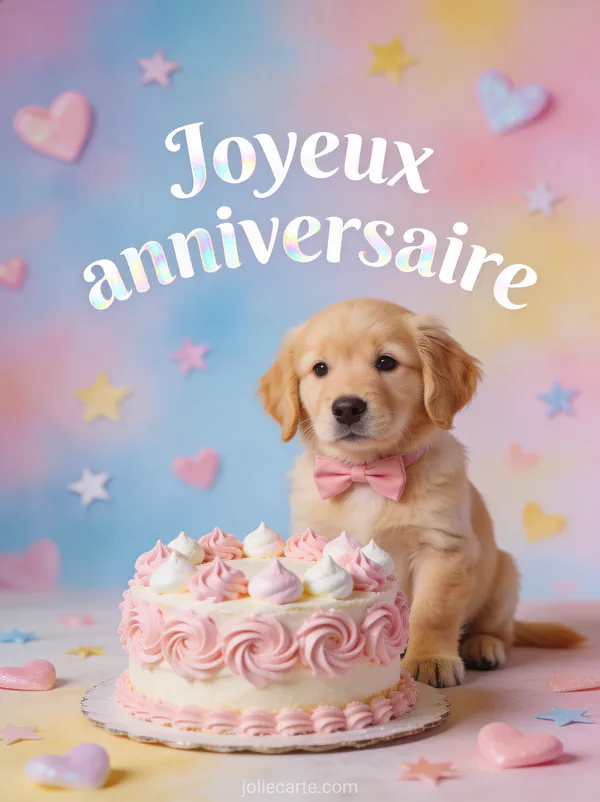 Chiot golden retriever avec noeud papillon rose devant gâteau d'anniversaire et texte Joyeux anniversaire sur fond pastel