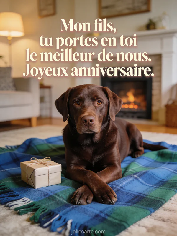 Labrador chocolat allongé sur plaid écossais à côté d'un cadeau dans un salon chaleureux