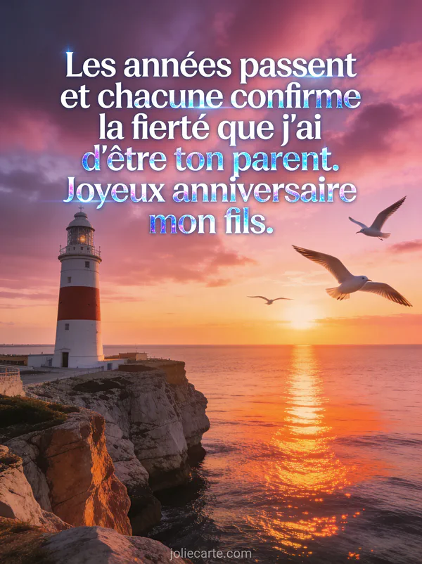 Phare majestueux sur falaise rocheuse au coucher de soleil avec mer calme et mouettes en vol