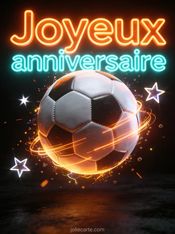 Texte Joyeux anniversaire en lettres néon orange et cyan avec ballon de foot lumineux et particules sur fond noir