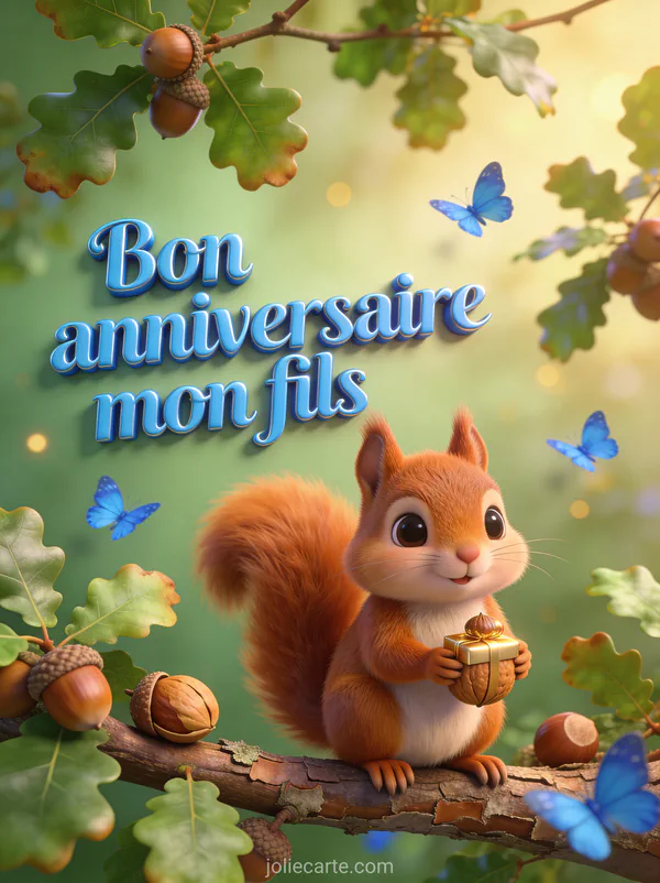 Écureuil roux sur branche de chêne tenant une noisette dorée avec papillons bleus