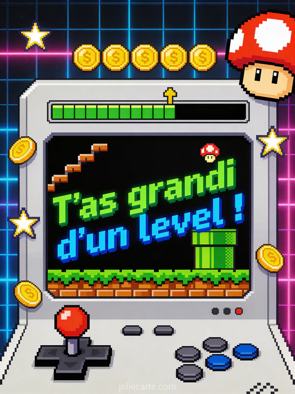 Texte T'as grandi d'un level en lettres pixel art avec écran rétro gaming pièces dorées et champignons sur fond néon