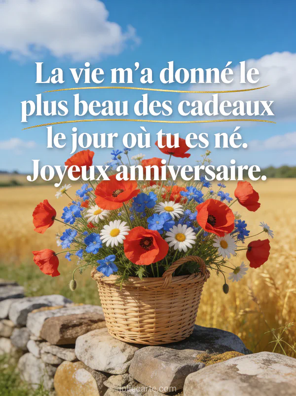 Bouquet champêtre de coquelicots bleuets et marguerites dans panier en osier sur muret de pierres