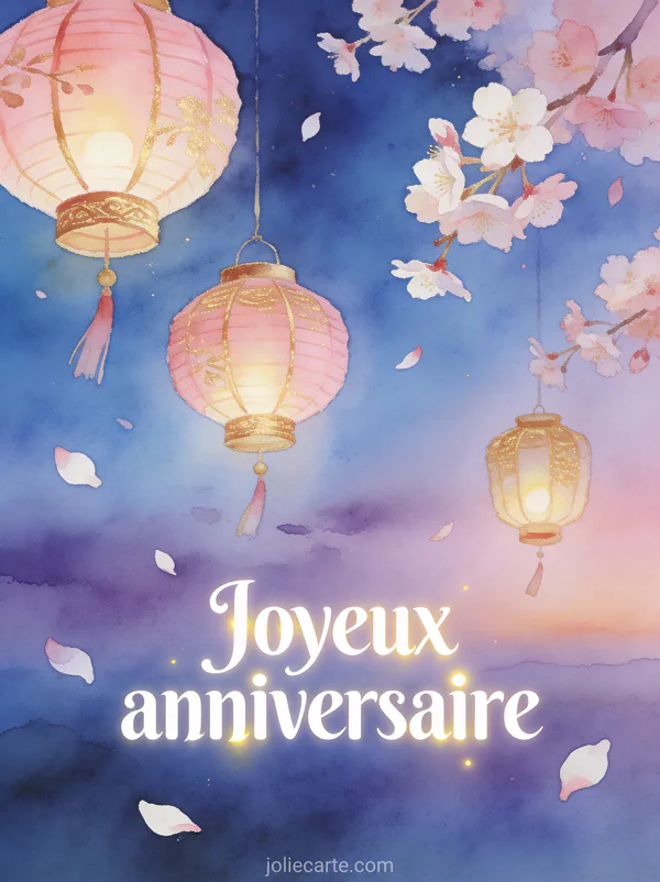 Texte Joyeux anniversaire en lettres blanches avec lanternes roses et dorées flottant dans ciel crépusculaire et pétales de cerisier