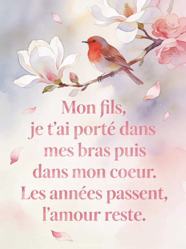 Rouge-gorge sur branche de magnolia en fleurs blanches et roses avec pétales flottants style aquarelle