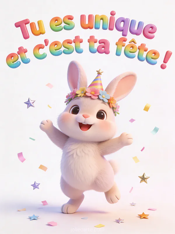 Lapin mignon avec couronne de fleurs et chapeau de fête entouré de confettis et texte Tu es unique sur fond blanc