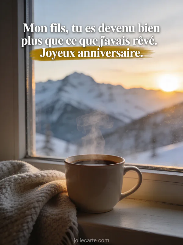 Tasse de café fumante sur rebord de fenêtre avec vue sur montagnes enneigées au lever du soleil